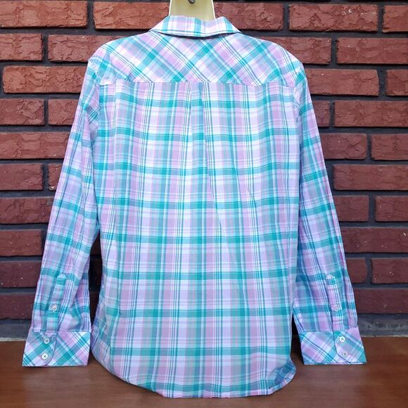 Talbots Long Sleeve Button Up Shirt L Plaid Pink Teal Collar Cotton Lightweight - Picture 2 of 9
